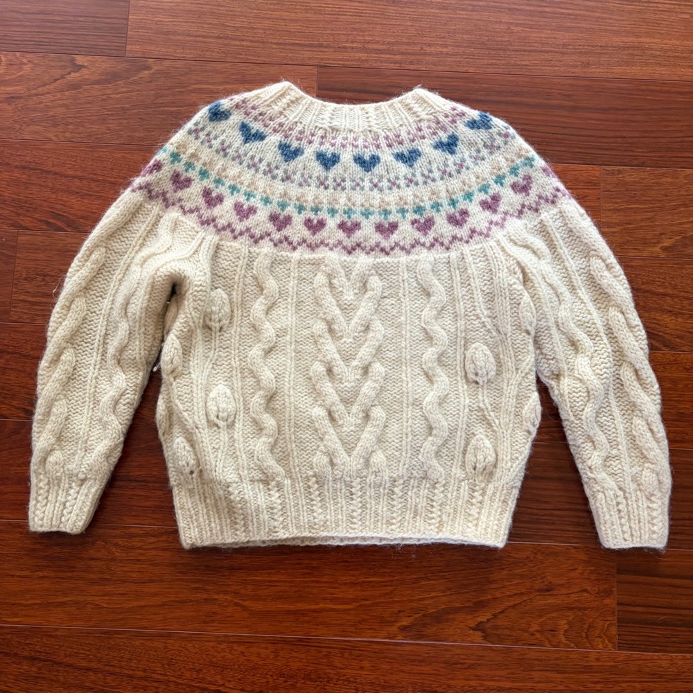 Susann D Hand Knitted Shetland Wool Mohair Heart Fair Isle Cable Knit Sweater M
